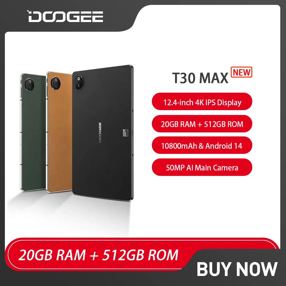 DOOGEE T30 Max Tablet 12.4 Inch 4K 8GB 512GB Tablets PC 50MP 10800mAh 33W Fast Charging Android 14 Aluminum Alloy Nano Unibody