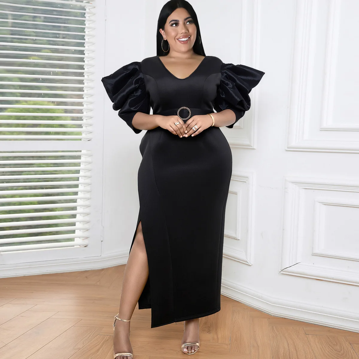 Solid Color Plus Size Elegant Dresses Personalized V-Neck Cape Sleeve Banquet Party Dresses Fashion Large Female Evening Dress