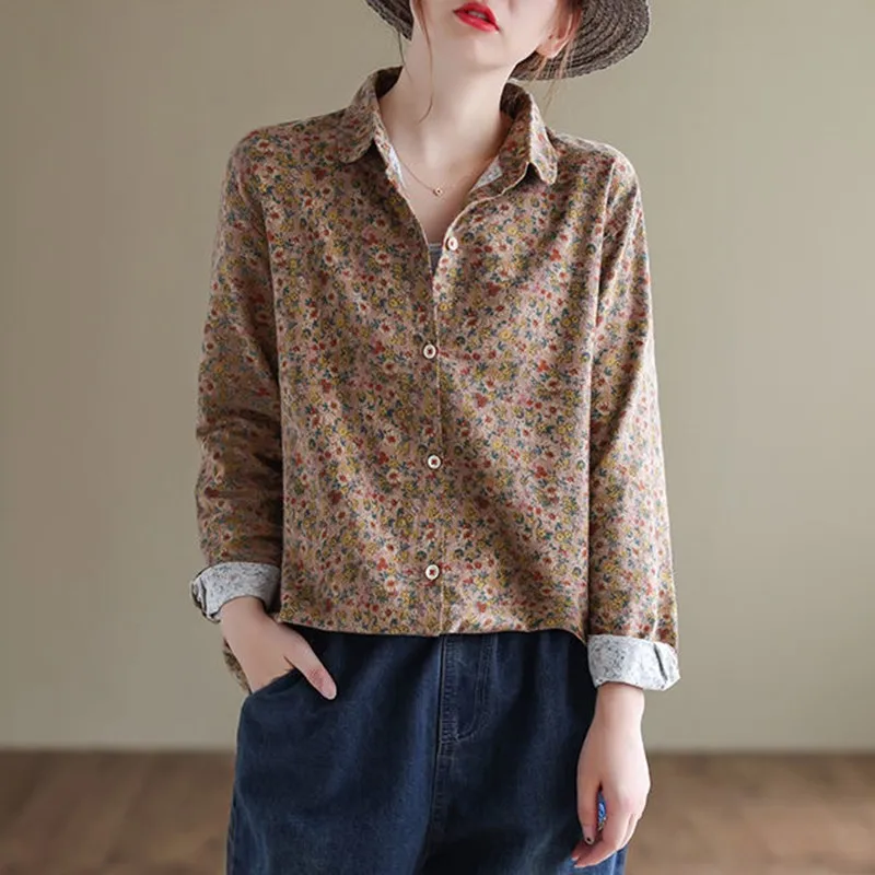 Women Long Sleeve Casual Shirts New Arrival 2022 Spring Vintage Style Floral Print Cotton Linen Ladies Elegant Tops B1575