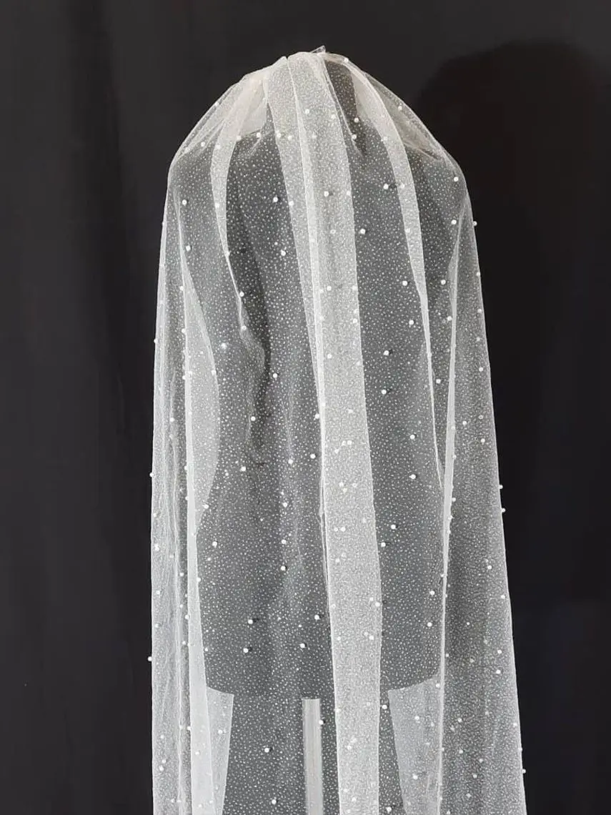 YouLaPan V91A Glitter Wedding Veil with Pearls Sparkle Tulle Bridal Veil Cathedral Shimmer Pearl Veil 79 Inches Width Wedding