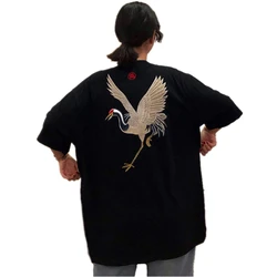 Summer Chinese Style Embroidery Crane Tees Shirts Women Casual Streetwear Tshirts Oversized Loose T-shirt All-Match Clothes