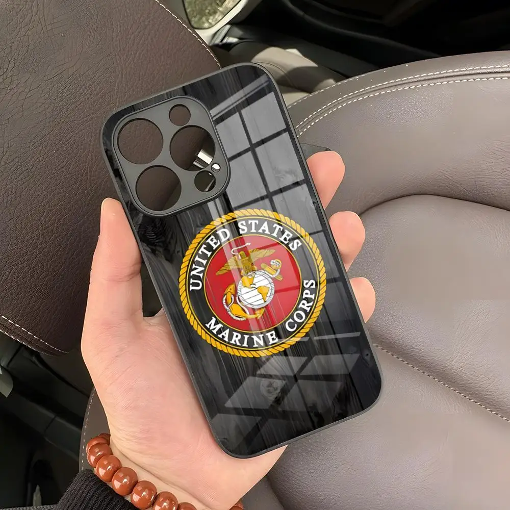 Funda de teléfono USMC Marine Corps para IPhone 15 Pro Max 14 Pro 12 16 11 13 Mini X XR XS 8 7 Plus SE cubierta trasera de vidrio templado