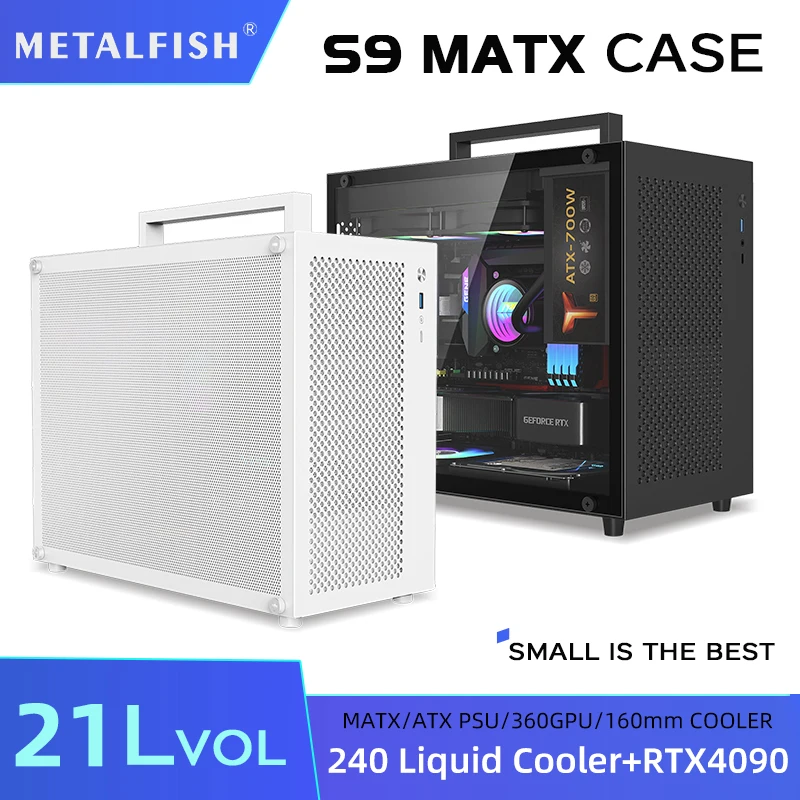 METALFISH S9 MATX 컴퓨터 케이스, 게이밍 PC 섀시 지지대 MATX ITX ATX PSU 240 액체 냉각기, 360mm GPU 