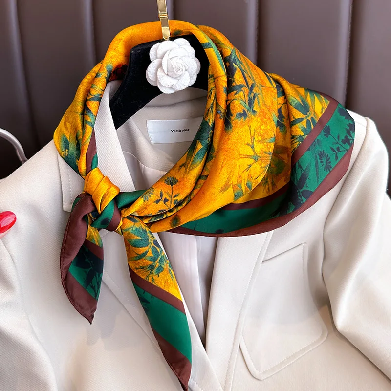 

The Four Seasons Muslim Kerchief Fashion Women 70X70CM Headscarf Sunscreen Silk Scarves Square Muffler Luxury Brand Beach Shawls
