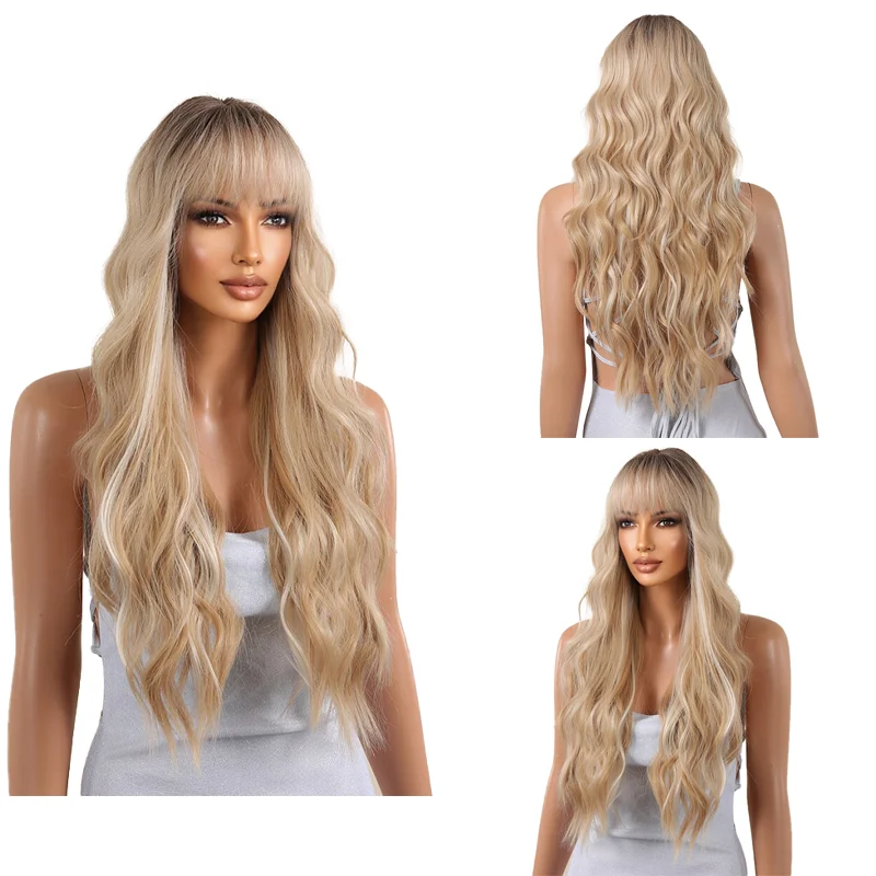 

Daily Wear Balayage Brown Blonde Long Curly Wig Air Bangs Glueless Easy to Maintain Heat Resistant Synthetic Full Wig for Women