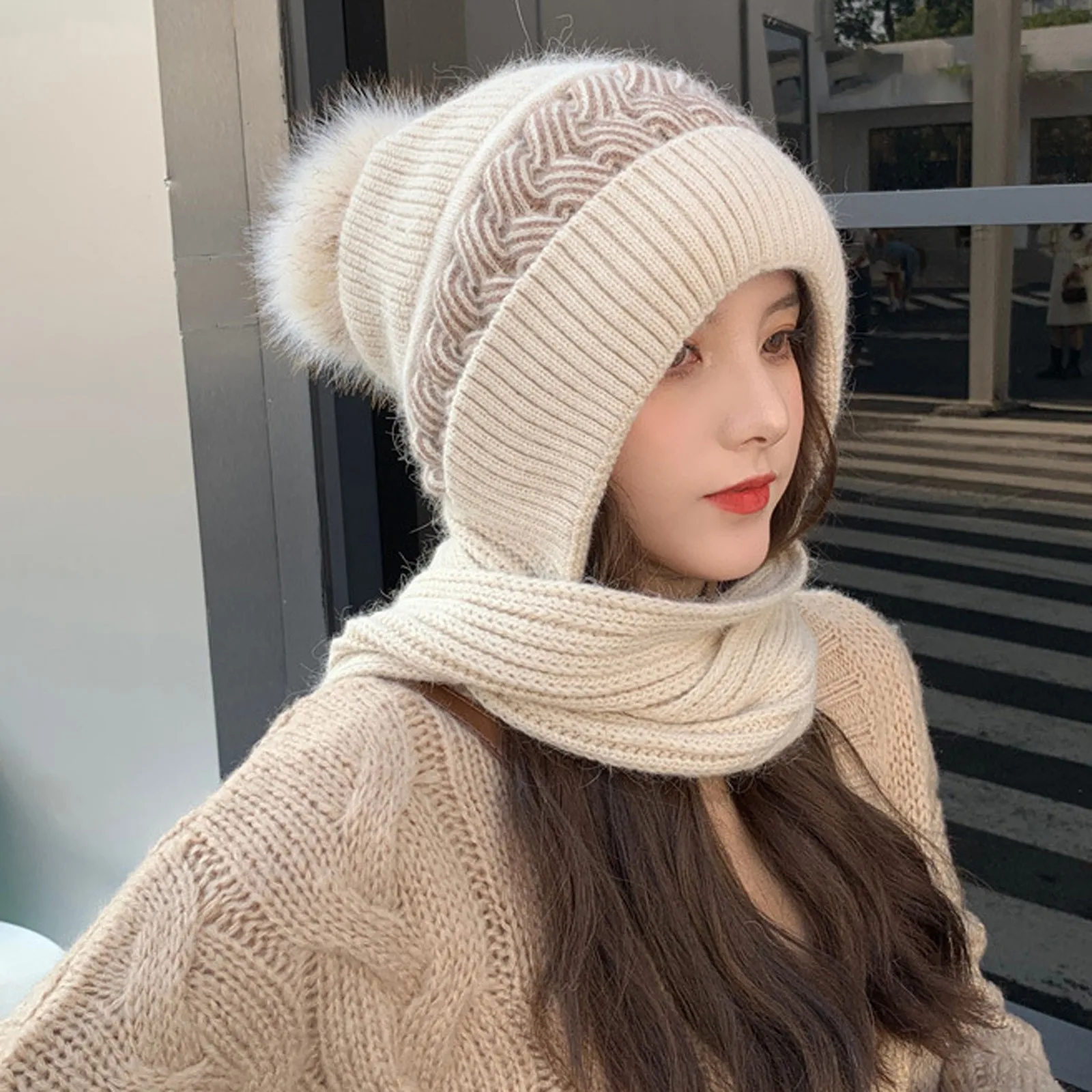 Winter New Warm Hat Scarf Set Women Lady Plush Pompom Crochet Wool Knit Pullover Cap Popular Thick Windproof Warmer Hat Scarves