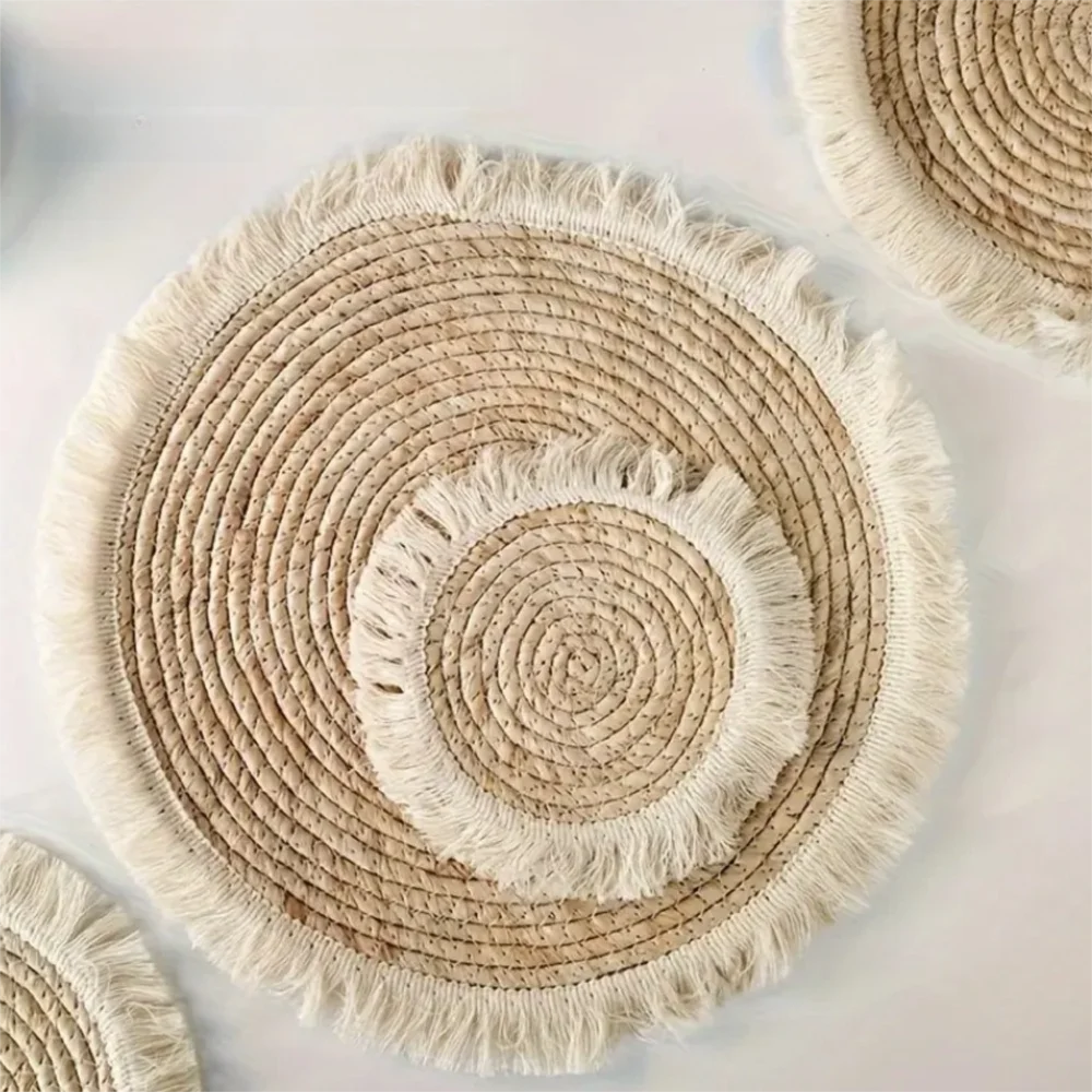 Boho Straw Woven Tray Wall Decor Macrame Non Slip Straw Wall Hangings Heat Resistant Round Basket Woven Coaster Placemat