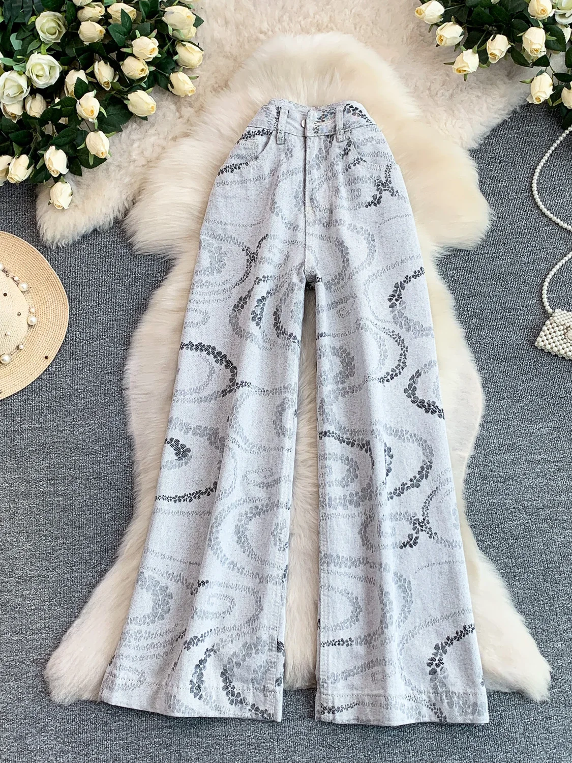 

Fashionable High Waist Wide Leg Jeans Women's Loose Slimming Print Denim Straight Leg Pants Summer Casual Teen Girls