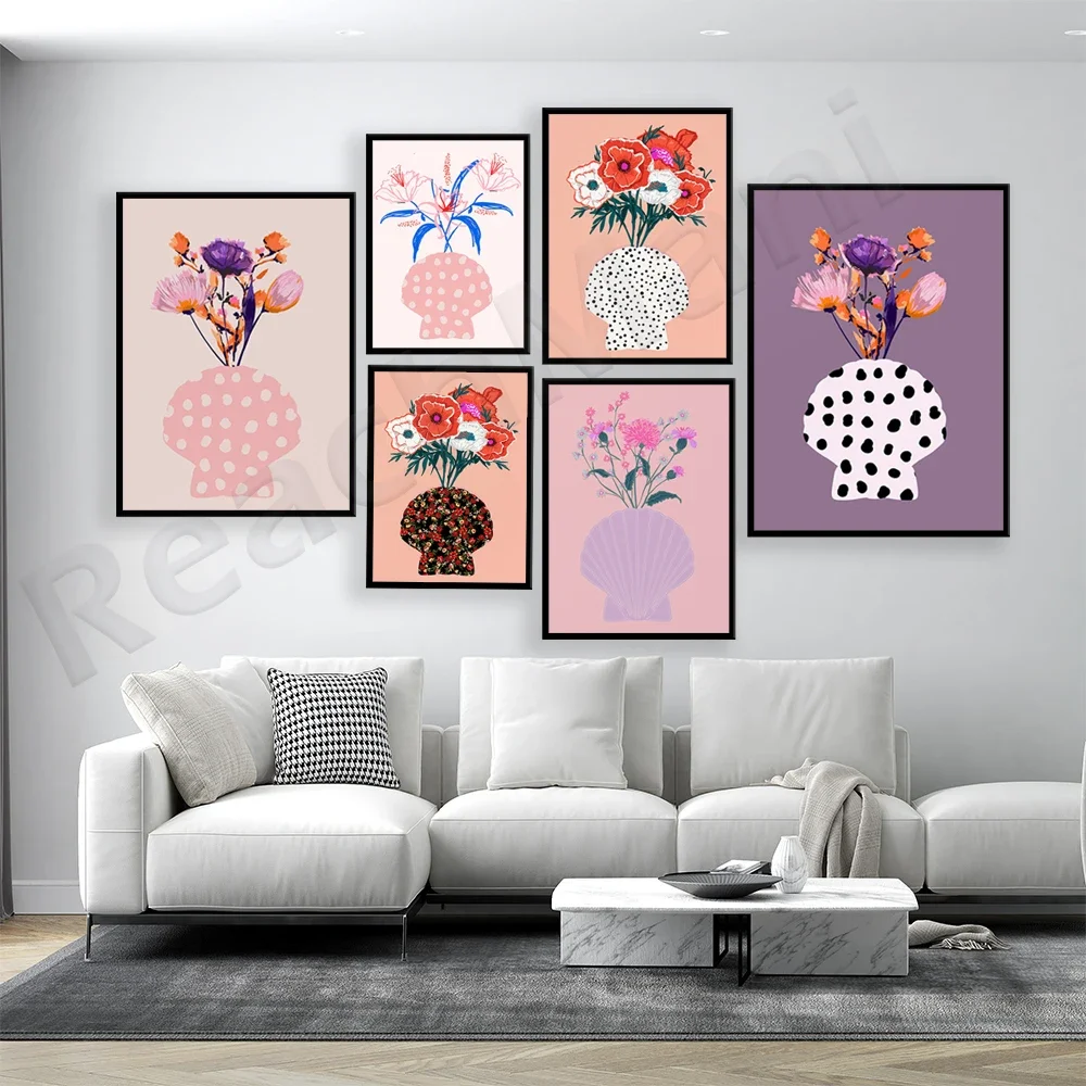 seashell vase art print, pink polka dots, polka dot flower poster, aesthetic flowers gallery wall decor print, floral print