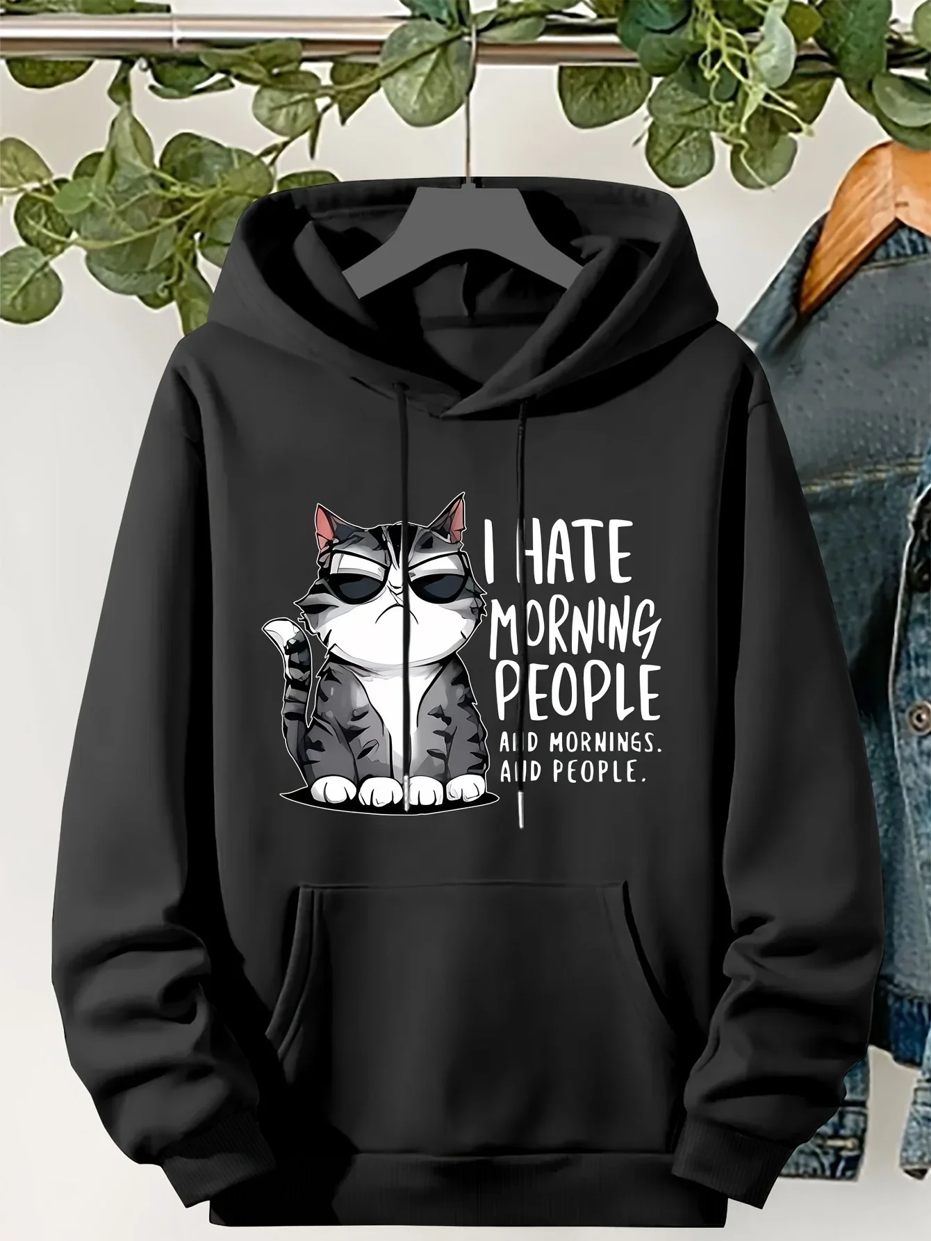 Cool Sassy Cat with Sunglasses Funny Pattern Women Y2K Hoodies Autumn Pocket Hoody Fleece Korean Sportswear Loose Pullover Sale