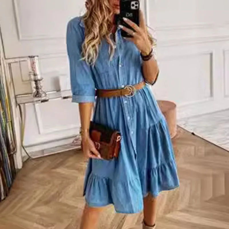 Abito lungo blu estivo da donna elegante Abito estivo da ufficio allentato casual Vita alta con scollo a V Mezze maniche Abiti da lavoro maxi da donna