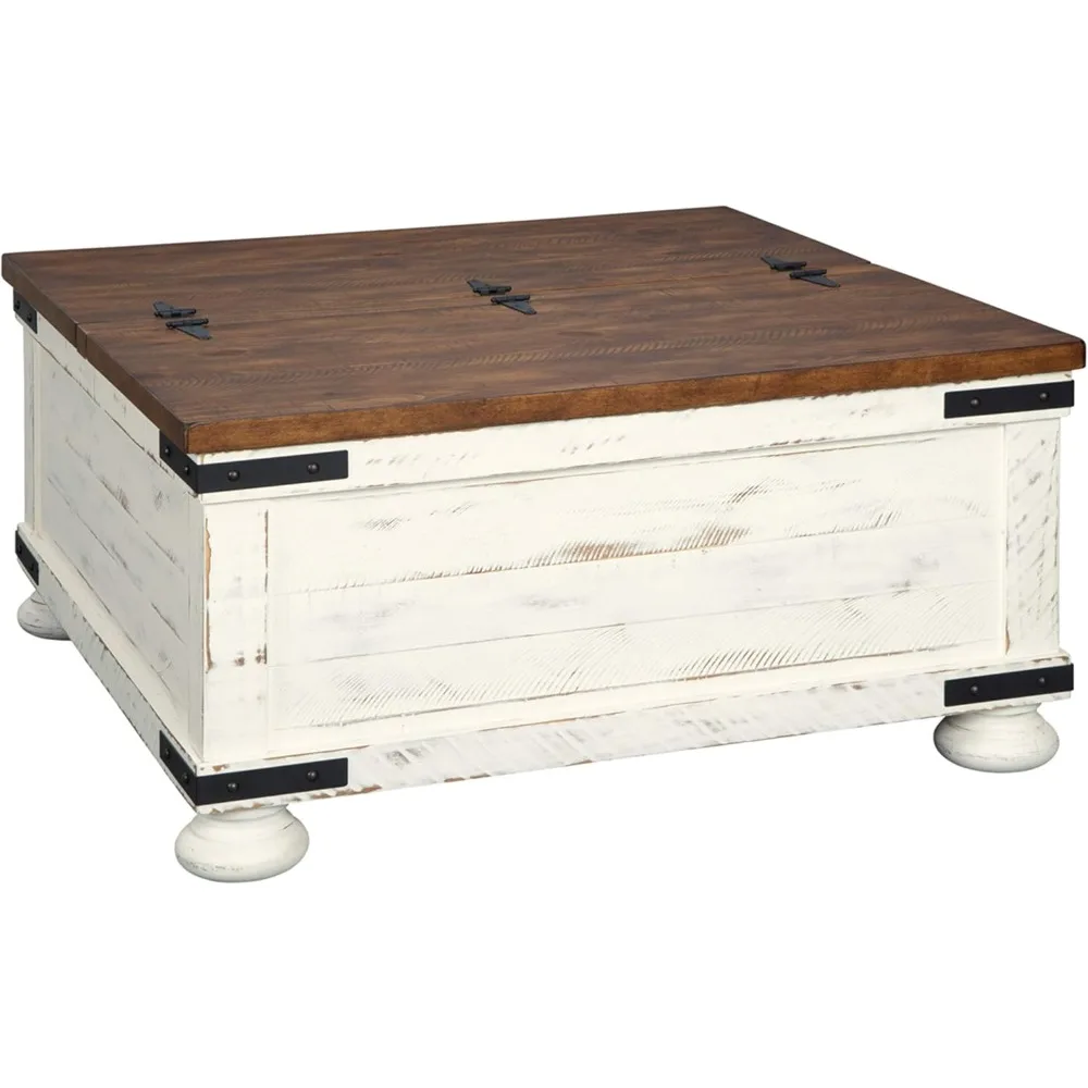 Wystfield Farmhouse Square Storage Coffee Table, Top Elevador Dobrado, Branco Angustiado