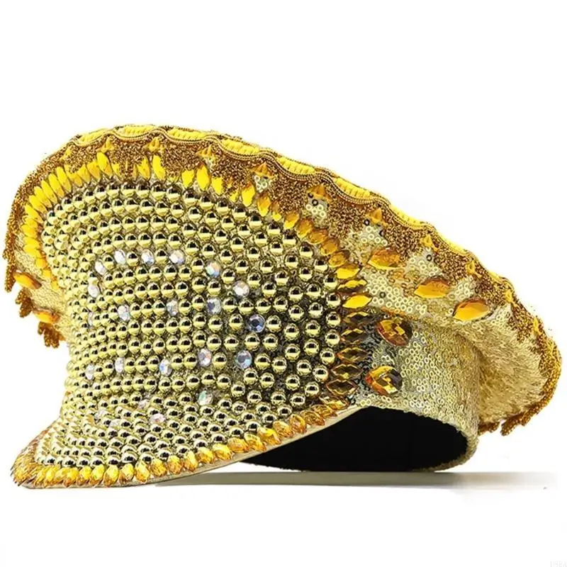 P88A Gold Captain Cap for Wedding Fashion Wide Brim Hat Carnival Party Hat Women Bride Fedora Hat Role Play Hat