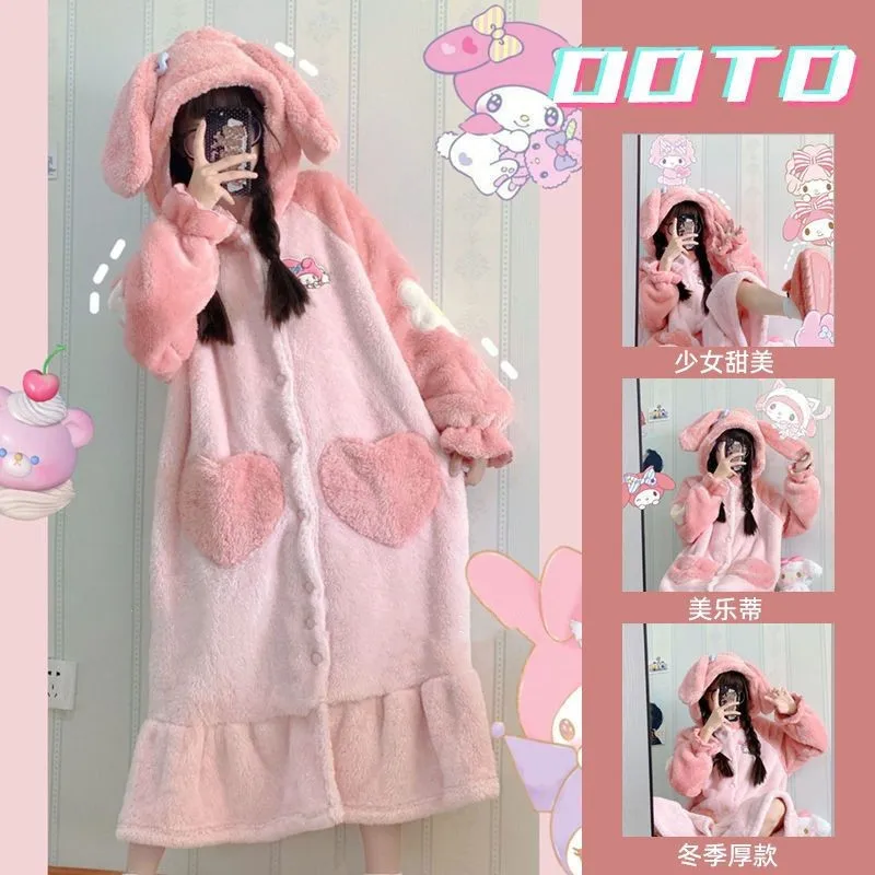 Kawaii Sanrio Night-Robe Hello Kitty Autumn Wintertime Plush Loungewear Women's Pajamas Robe Hooded Cute Pajamas Plush Nightgown