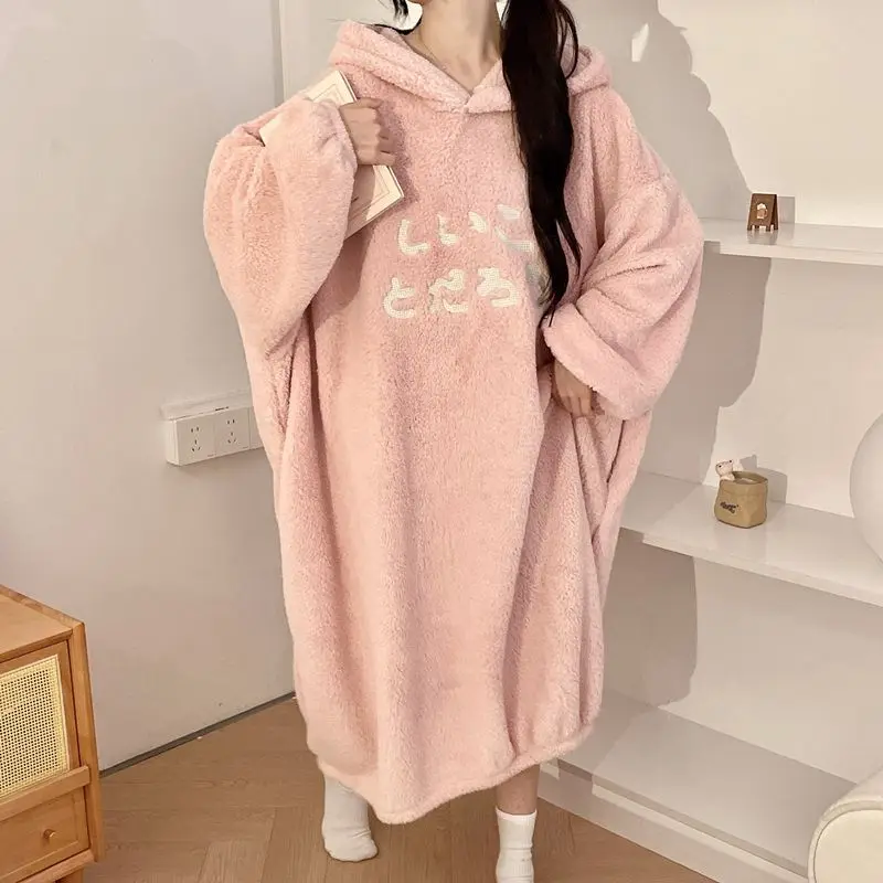 

coral fleece Women's pajamas hooded autumn winter Comfortable Sleepwear new model plus size loose Cotton Pajama plush nightdress