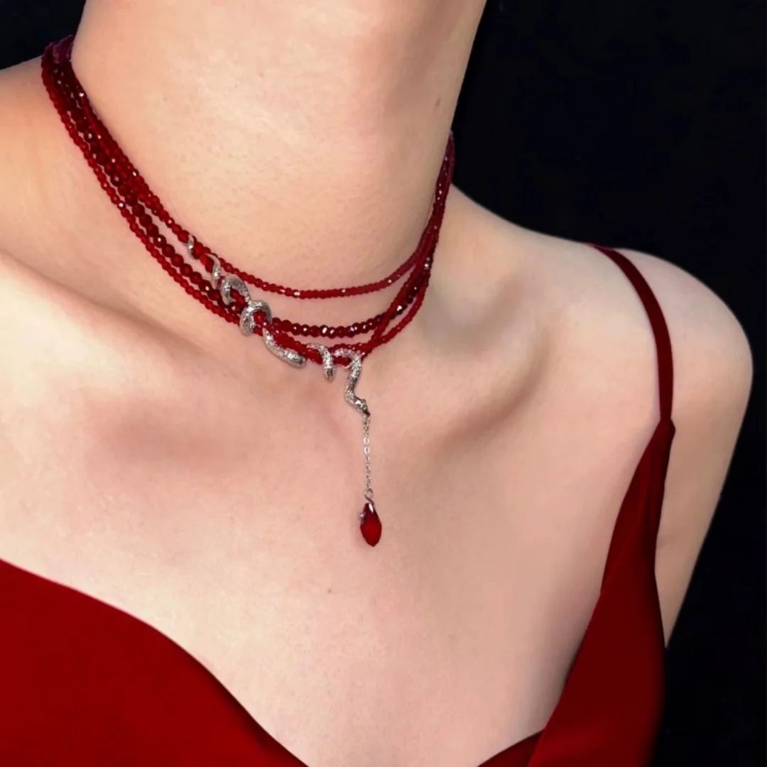 

DUTRIEUX Neo-Gothic Snake Necklace for Women Men Punk Red Crystal Beads Choker Multi Layer Chain Famale Party Jewelry Gifts 2025