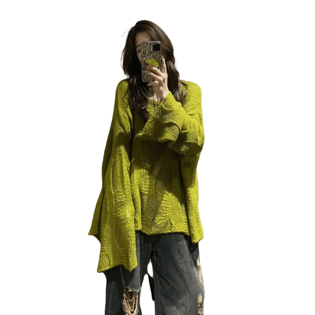 French Retro Green Hollow Knitted Top for Women 2025 Spring Autumn Thin Loose Niche Design Lazy Aesthetic