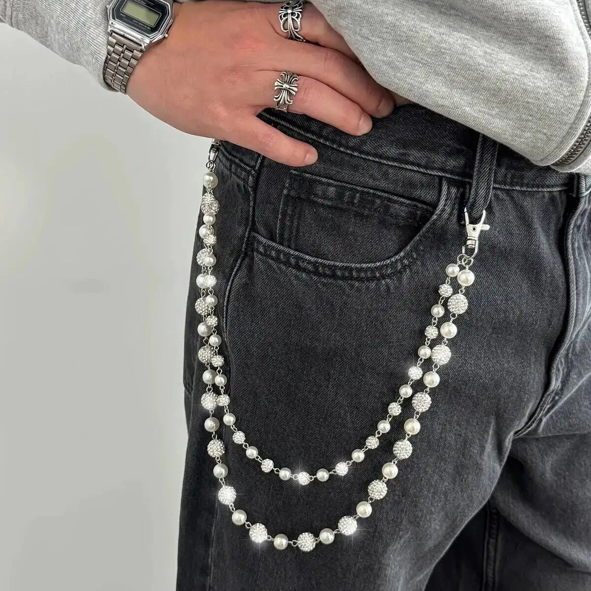 IngeSight.Z Hip-Hop Trendige Imitationsperlen-Strass-Kugel Doppelschichtige Hosenkette für Männer, Einfache Jeans-Kette, Schlüsselanhänger-Schmuck