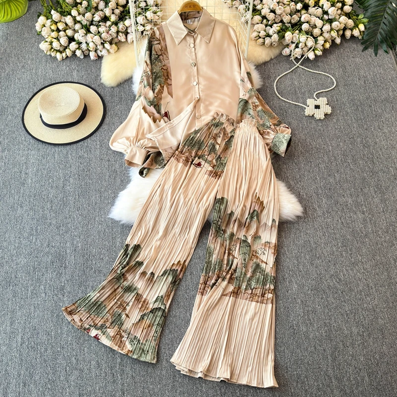 Fashion Women 2-piece Sets Lantern Sleeve Printed Shirt Top + High Waist Casual Wide Leg Pants Two-piece Set Female Clothes 2024