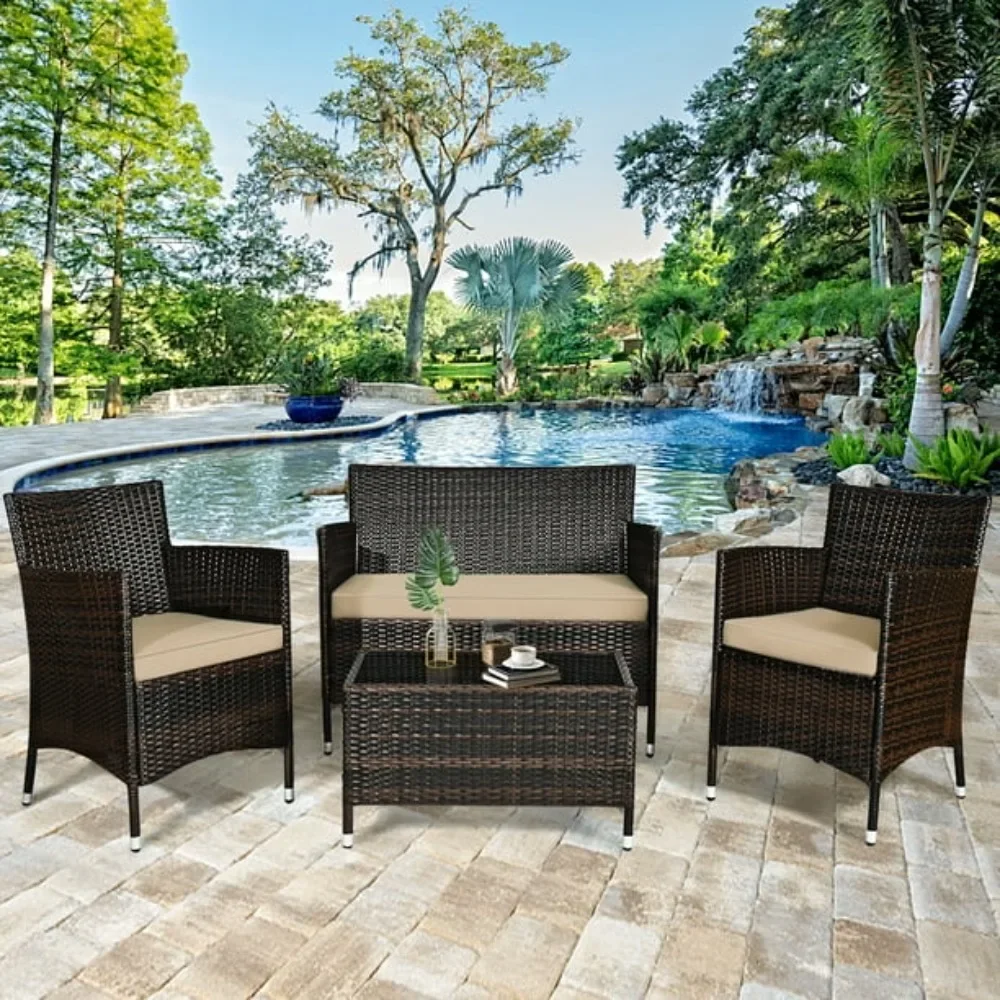 

Outdoor Sofa for 4-Piece, All-weather Rattan, High Backrest and Armrest, Cushion with Removable Cover, Furniture Set