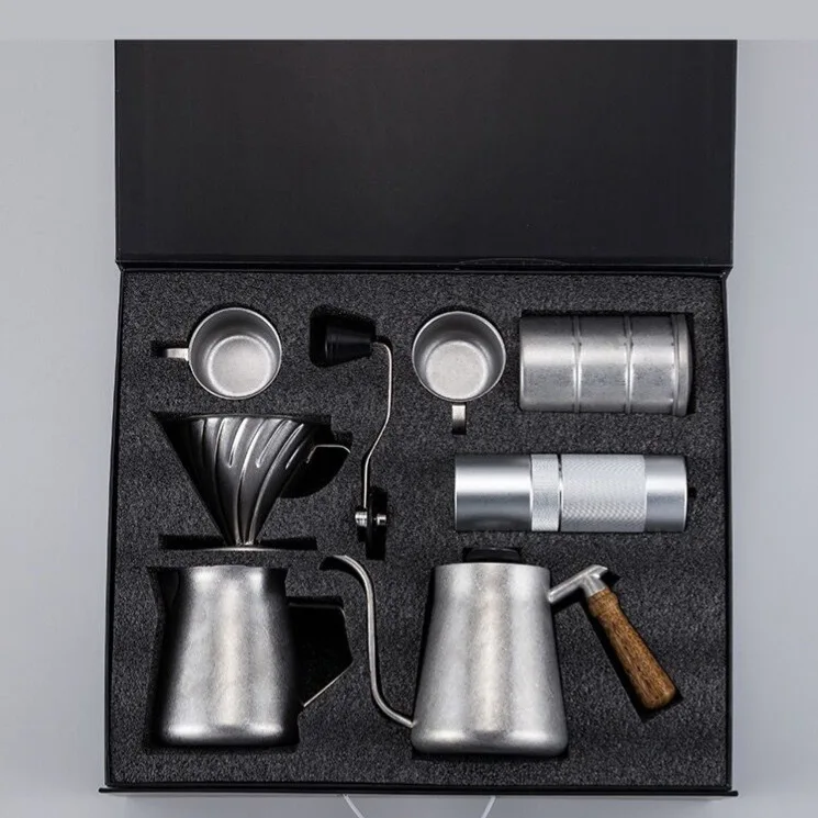 Vintage Pour Coffee Pot Gift Set with Grinder Filter Cup and Shared Pot - Home Brewing Essentials