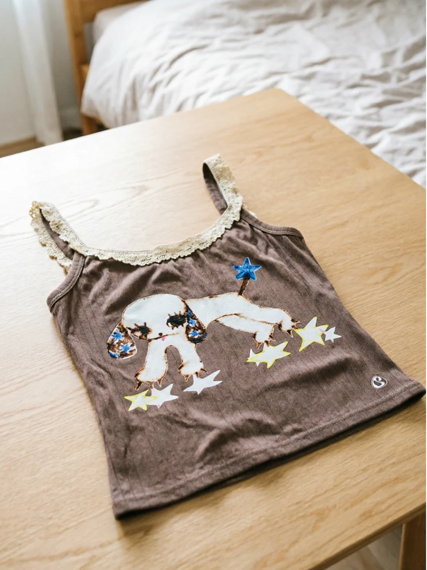 Kawaii Y2K Women Lace Trim Ribbed Camisole Fashion Cartoon Puppy Star Print Spaghetti Strap Slim Cropped Summer Sleeveless Tops