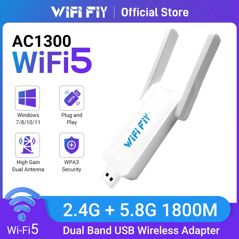 Free Drive 1300Mbps Wifi Adapter Network Card Dual Band 2.4/5GHz With Dual Antenna Wifi 5 USB 3.0 Wi-Fi Dongle Receiver