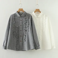 Youth blouses woman long sleeve shirts cotton yarn stringy selvedge checkered shirts mori girl basic shirts cute clothes