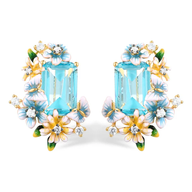 Trendy Daily Commuting Simple Flower Blue Translucent Zircon Ear Buckle Design Sense Personalized Minimalist Jewelry Wholesale