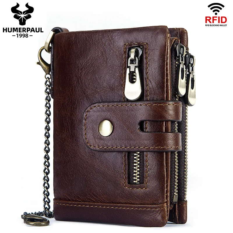 HUMERPAUL Wallet for Men RFID Genuine Leather ID Credit Card Holder with Anti-theft Iron Chain Brand Design PORTFOLIO Portomonee