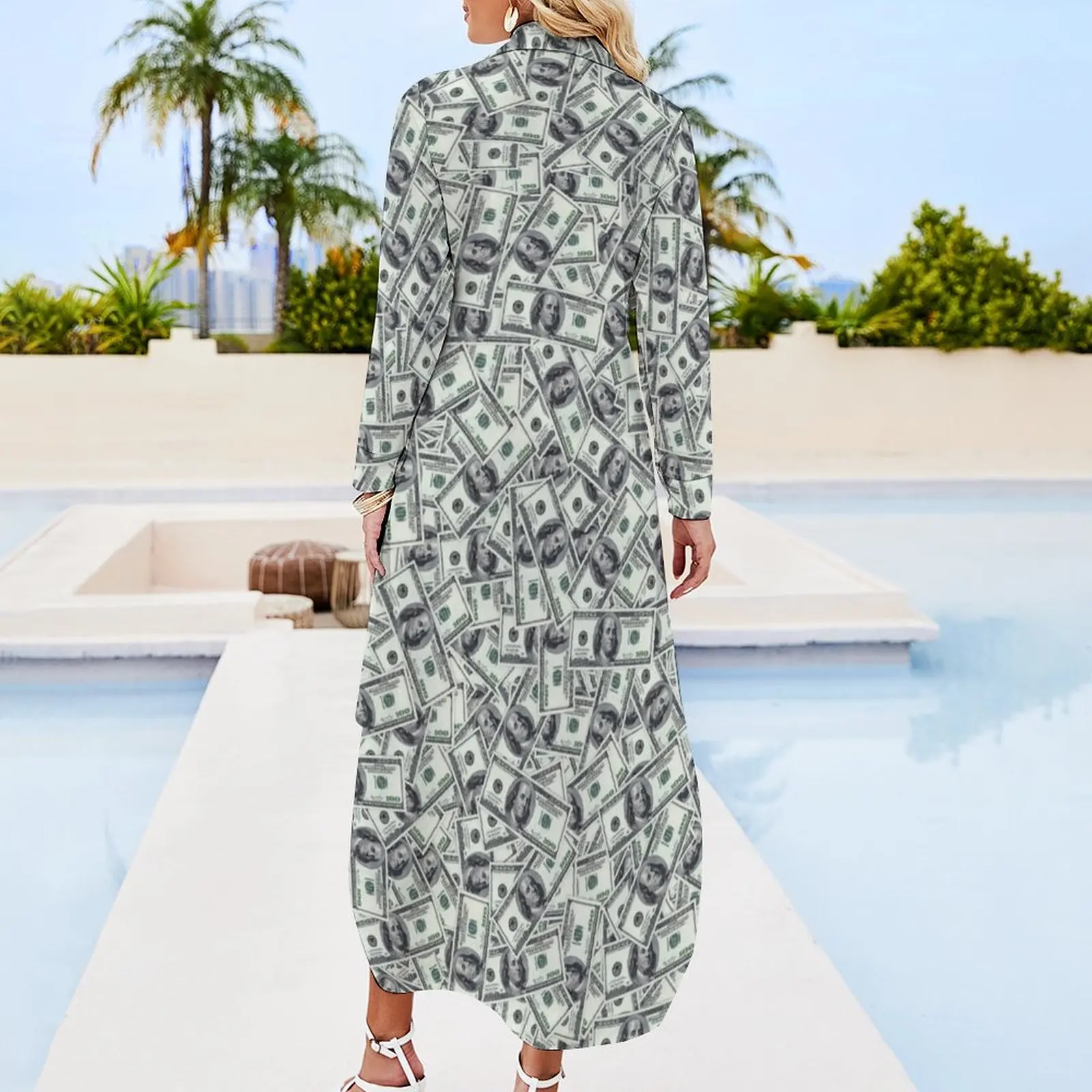 Giant money background 100 dollar bills Long Sleeved Shirt Dress elegant women's dresses sale prom dresses 2024