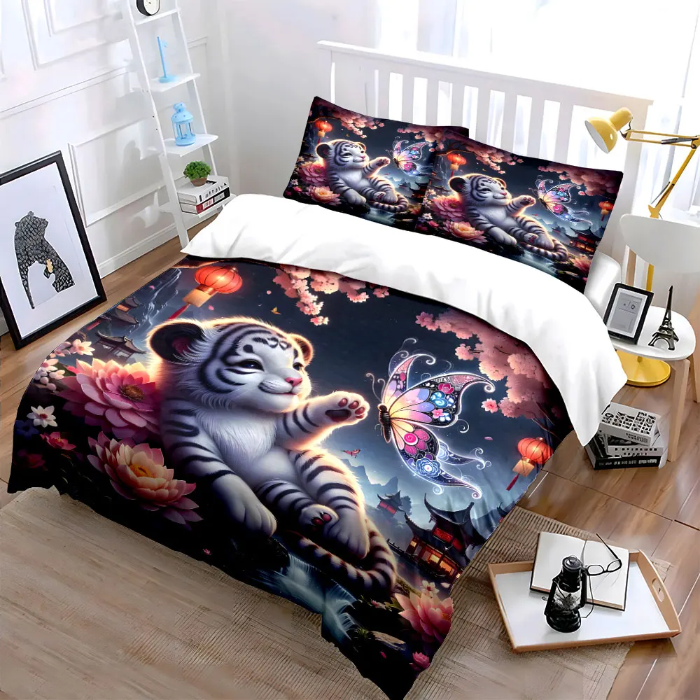 Fantasy tiger with floral butterfly Printed Duvet Cover Set1 Duvet Cover+2 PillowcaseMulti Size Bedroom Bedding Decoration