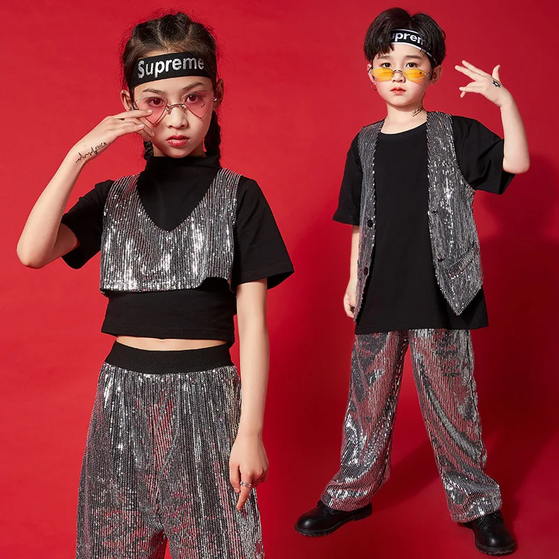 Girls Sequin Crop Tops Shorts Jacket Hip Hop Dancewear Kids Vest Shining Street Dance Clothing for Stage  Jazz Dance Oufit