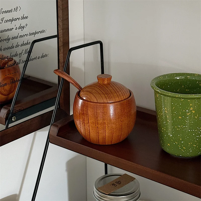 Tarro de madera Ins para condimentos, tarro de especias de cocina, recipiente para condimentos de madera, sal de trufa, especias, sal, vinagrera, tarros con tapa, cuchara de madera de azufaifa