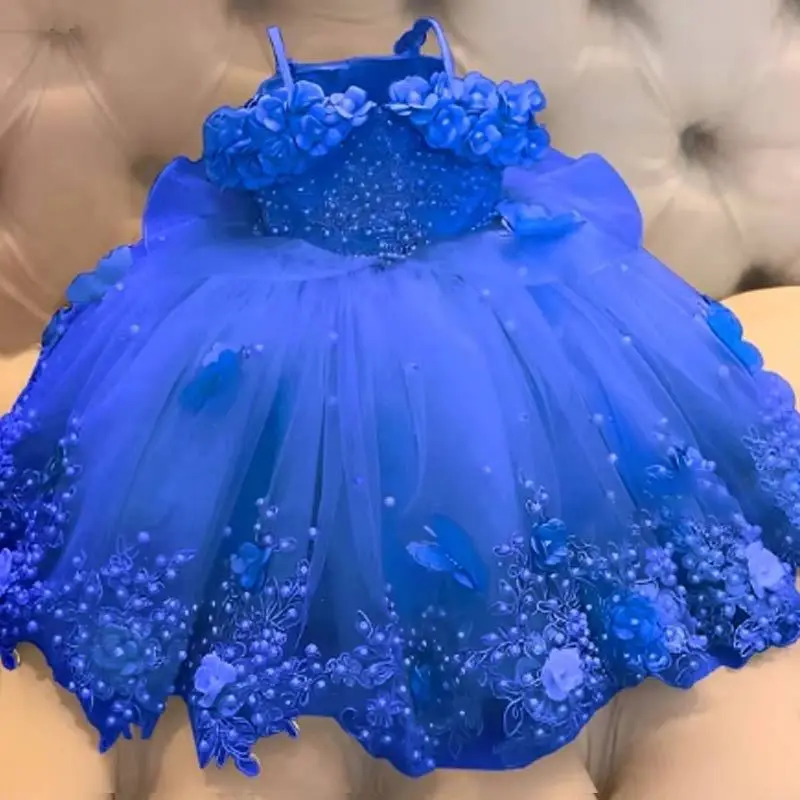 Blue Baby Girl Dress Tulle Flower Pearl Butterfly Girl Dress Off Shoulder For Wedding Birthday Party First Communion Ball Gowns