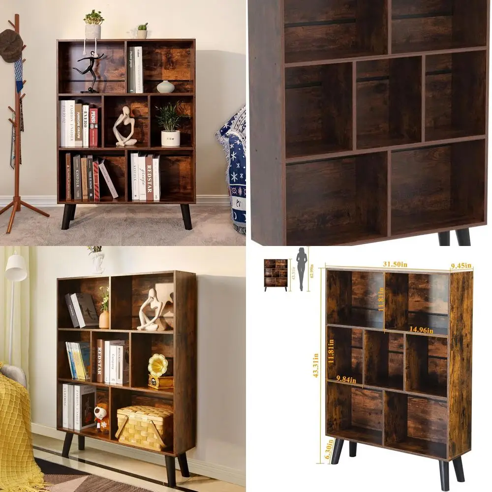 

Mid-Century 3-Tier Rustic Brown Bookshelf, Modern Retro Wood Storage Organizer, Freestanding Open Shelves for Home & Office