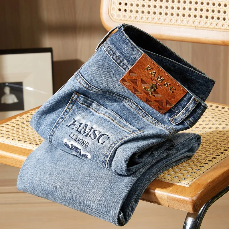 2025 new European jeans for men, light luxury, spring/summer fashion, high end leisure, slimming, small straight pants