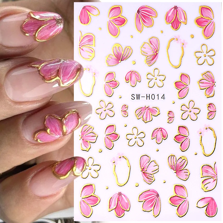 3D Pink Gold Flower Nail Stickers Metallic Glitter Square Hibiscus Floral Petals DIY Spring Summer Holographic Nail Decoration