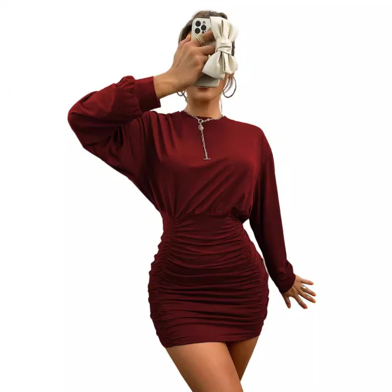 YQ1-2026Spring Summer New Loose Ruched Waist-Hugging Long Sleeve Knitted Dress One-Step Dress for Women