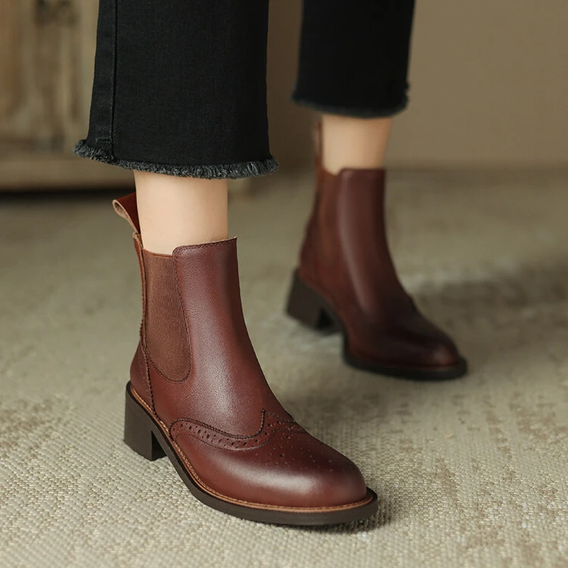 2024 Autumn/Winter Women Boots Round Toe Chunky Heel ankle Boots Women Genuine Leather Shoes for Women Brogue Chelsea Boots