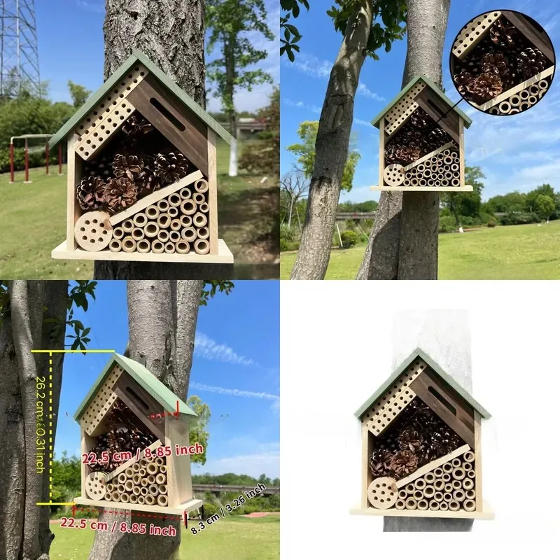 Solid Wood Hanging Insect Nest for Butterflies and Bees Home Outdoor Decoration Small Wooden Feeding House