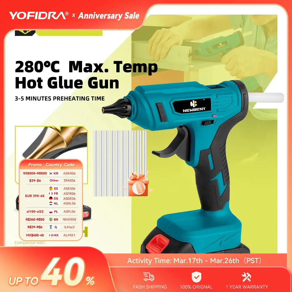 NEWBENY-Pistola de Cola Hot Melt sem fio, 280 °C, portátil, recarregável, 10 unid, 11mm Bastões de cola, DIY Repair Tool for Makita 18V Battery