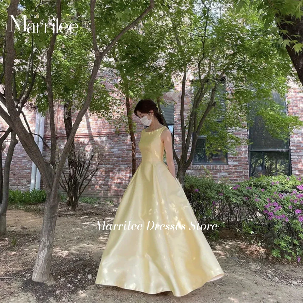 MarrileA Line Long Prom Party Scoop Neck Sleeveles Garden Wedding Bride Maids Dress Evening Dresses Gown Yellow Sweep Train 2024