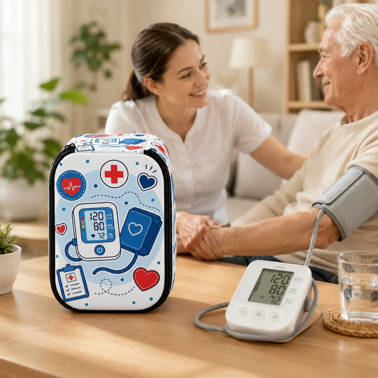 Cute White Heart Blood Pressure Monitor Carrying Case, Padded Zipper Organizer Bag for Seniors, Home Care, Clinic and Travel