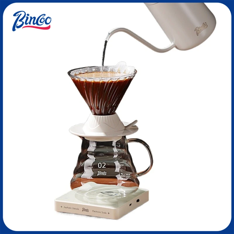 

BINCOO 1-2 Cup Pour Over Coffee Set: Smart Dripper, Glass Server, Manual Grinder - Professional Brewing Tools for Home & Office