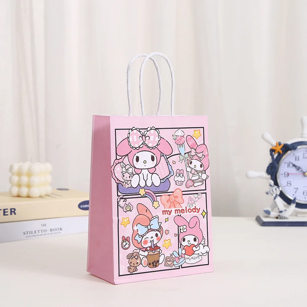 Sanrio Kawaii Hello Kitty Kuromi Cinnamoroll Kraft Paper Gift Bags Candy Cookie Box Package Handbag Birthday Party Supplies