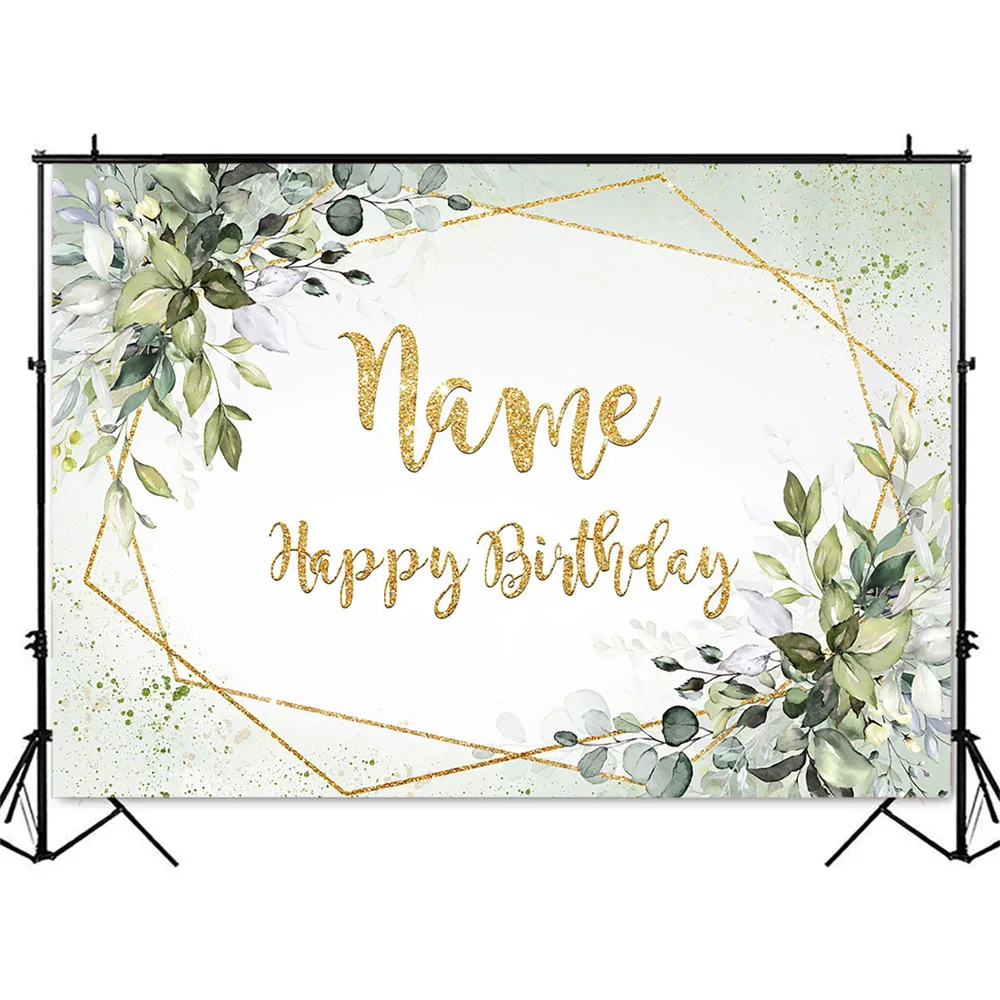 Greenery Birthday Backdrop for Photography Name Customize DIY Happy Birthday Party Decoration Gold Glitter Green Leaves Banner