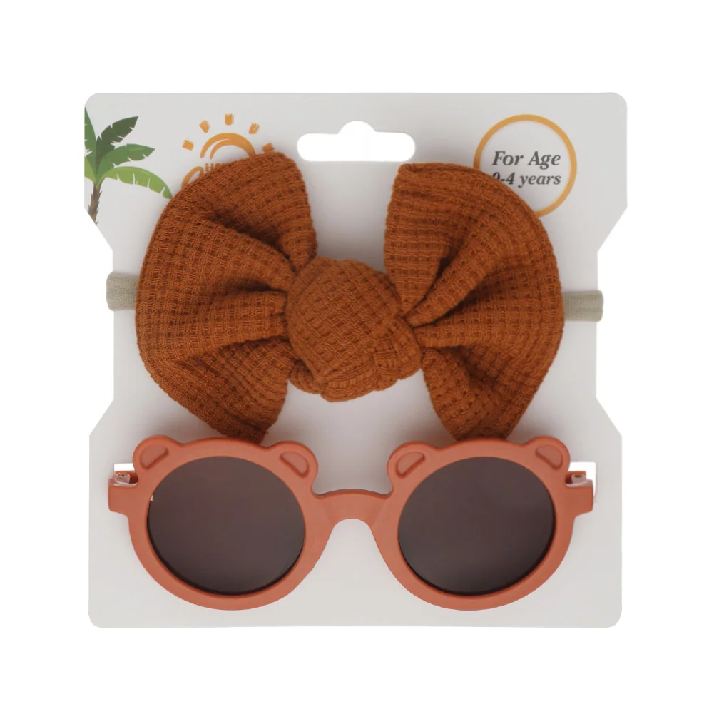 Bear Sun Protection Óculos de sol para crianças, waffle, topknot, arcos de cabelo, headbands, óculos de sombra, acessórios de moda, bebê, 2pcs por conjunto