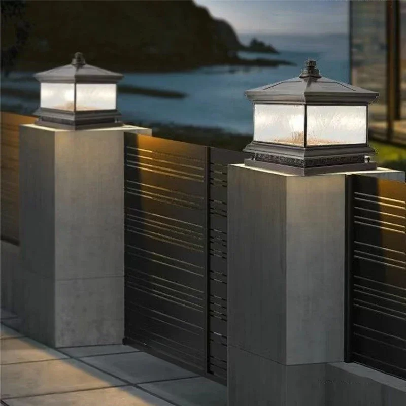 Wpd Outdoor Zonne-Lamp Vintage Creatieve Chinese Messing Pijler Licht Led Waterdichte Ip65 Voor Huis Villa Binnenplaats