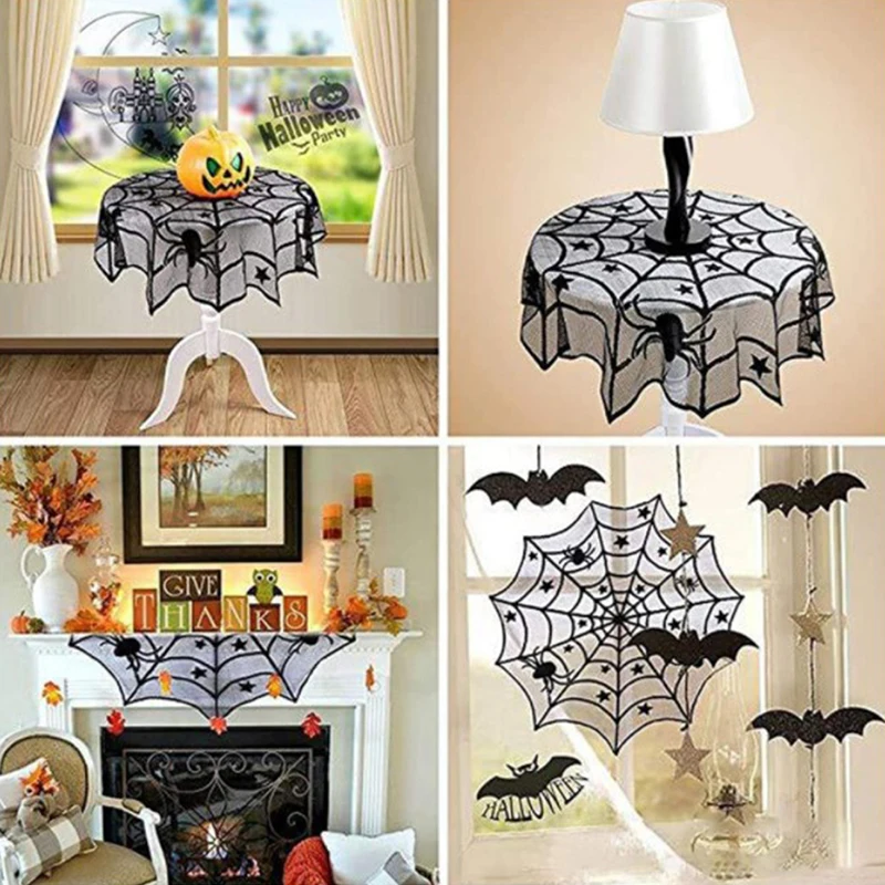 Halloween Decoração Lace Spider Web Esqueleto Crânio Toalha De Mesa, Preto Lareira Mantel Lenço, Fontes Do Partido Do Evento